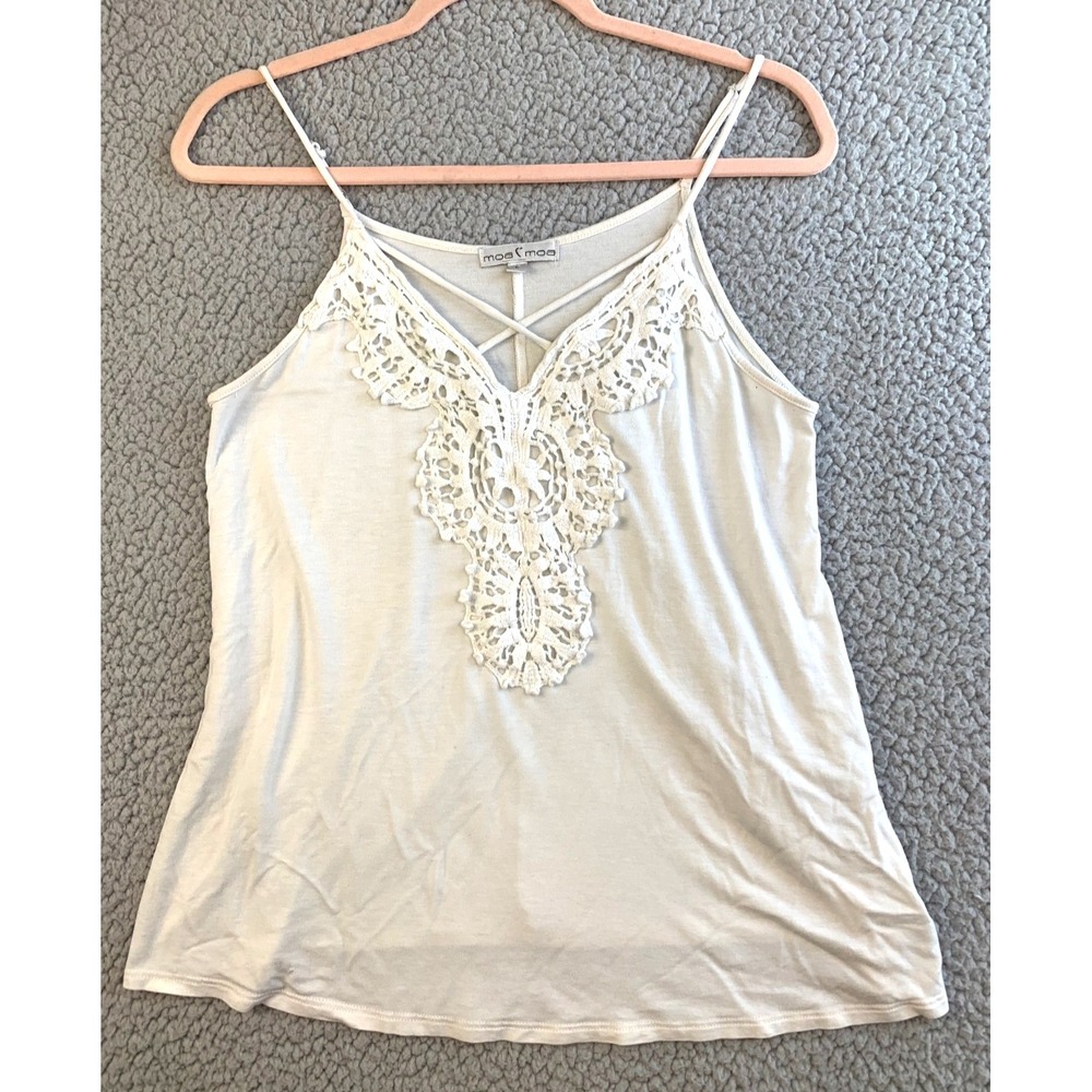 Moa Moa Lace Tank Top‎ Womens Large Ivory Boho Stretch Camisole